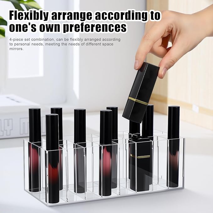 24-Slot Acrylic Lipstick Organizer - Transparent Makeup Storage Case for Lip Gloss Brushes and Cosmetics - Stylish Desktop Display Rack