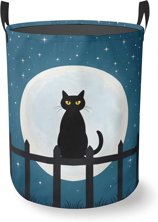 Laundry Basket With Handle, Dirty Clothes Laundry Hamper, Oxford Cloth Bin Storage Organizer for Toy Collection (Starry Night Cat)