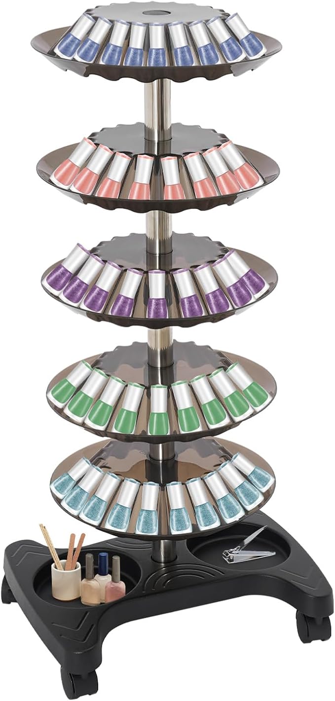 Nail Polish Trolley Organizer, 5 Tiers 360° Rotating Tray Nail Polish Spinning Rack Display Stand with Wheels, Display Rolling Cart for Spa Home Use