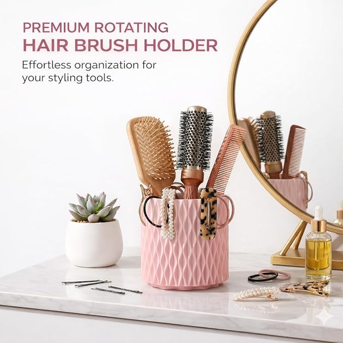 Makeup Brush Holder Organizer, 360?? Rotating 5-Slot Make up Brushes Cup for Cosmetic, Lipstick, Hair Brush Holder - Spinning Vanity Countertop Caddy for Bathroom, Dorm & Office, Pink