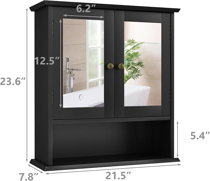 Bathroom Wall Cabinet, Black Bathroom Cabinet with 2 Mirror Doors and Adjustable Shelf, Wall-Mounted, Medicine Cabinet, 21.5" W x 7.8" D x 23.6" H