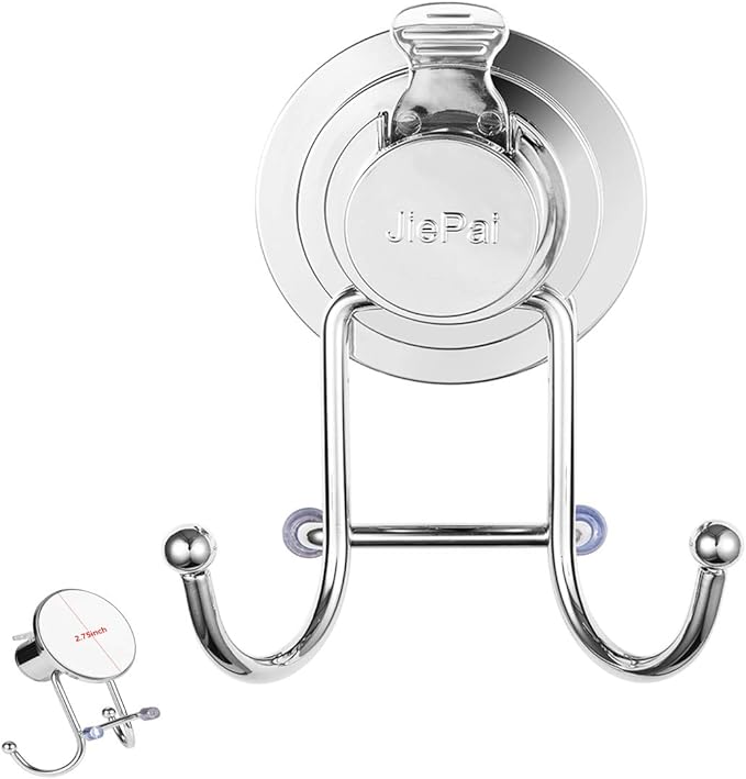 JiePai Suction Cup Towel Hooks,Shower Towel Holder for Bathroom,Suction Shower Towel Rack Organizer for Towel, Bathrobe,Loofah,Coat,Bags,Chrome (2 Pack)