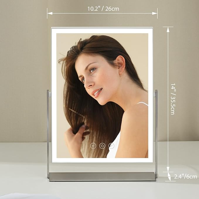 NEZZOE Rechargeable Vanity Mirror with Lights, Table Mirror with Stand, Makeup Mirror with 3 Colors and Brightness Adjustable, 3000mAh Battery, 14×10 Inch