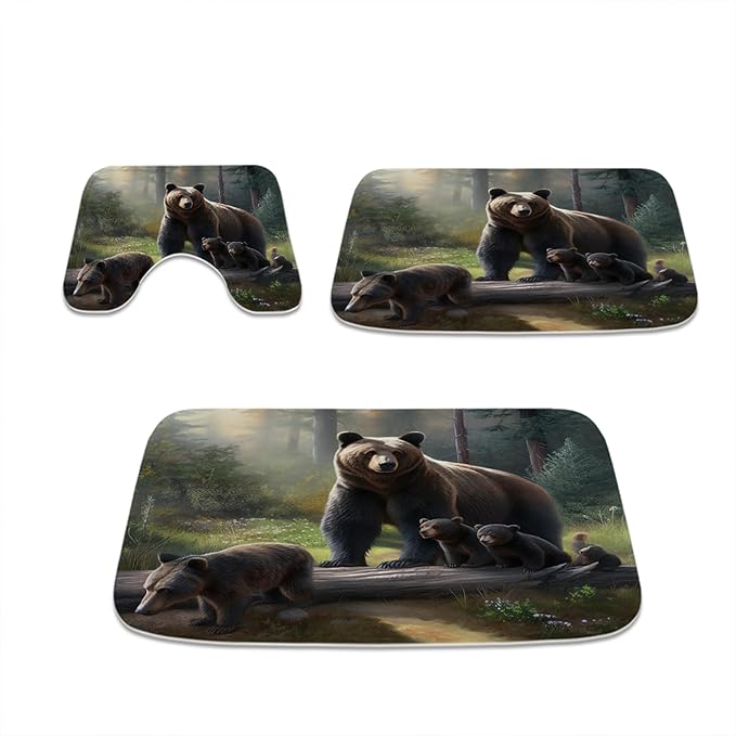 Cute Bear Forest Aesthetic Bathroom Rugs and Mats Sets 3 Piece, Memory Foam Bath Mat, U-Shaped Contour Shower Mat Non Slip Absorbent, Velvet Washable 20 x 31 inch Black and Green