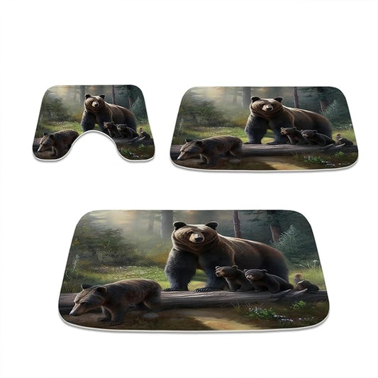 Cute Bear Forest Aesthetic Bathroom Rugs and Mats Sets 3 Piece, Memory Foam Bath Mat, U-Shaped Contour Shower Mat Non Slip Absorbent, Velvet Washable 20 x 31 inch Black and Green
