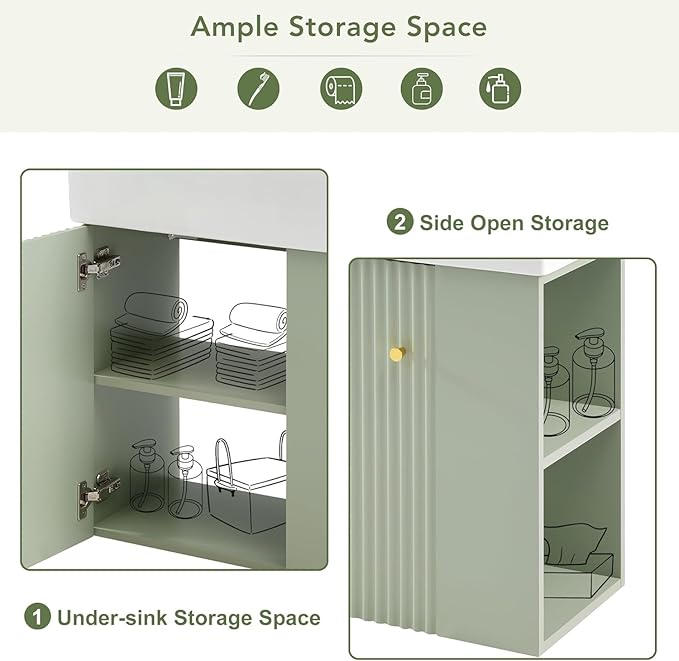 Virubi 21.6 in Floating Bathroom Vanity with Sink,Soft Closing Doors,Solid Wood Frame & MDF Modern Single Small Green Bathroom Vanity Cabinet with Open Shelf,Wall Mounted