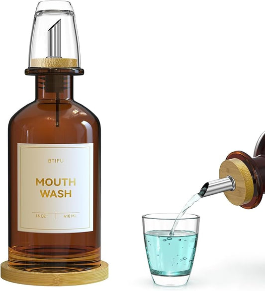Amber Glass Mouthwash Dispenser for Bathroom Countertop – 14oz/410ml Refillable Mouthwash Bottle with Stainless Steel Pour Spout & Bamboo Tray, Modern Decor for Office, Airbnb, Gym (Amber)