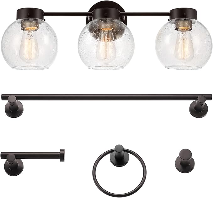 Globe Electric 63000202 5-Piece All-in-One Bathroom Accessory Set with 24" 3-Light Vanity Light, Dark Bronze, Seeded Glass Shades, Towel Bar, Robe Hook, Toilet Paper Holder, Towel Ring, Powder Room