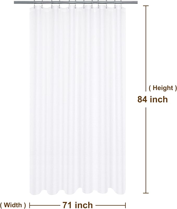 Extra Long Shower Curtain with 84 inch Height, Fabric, Waffle Weave, Hotel Luxury Spa, Water Repellent, Machine Washable, 230 GSM Heavy Duty, White Pique Pattern Decorative Bathroom Curtain