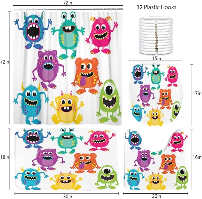 LOKMU 4 Pcs Shower Curtain Sets with Non-Slip Rugs, Toilet Lid Cover and Bath Mat,Cartoon Fluffy Monsters Cute Little Kid Waterproof Shower Curtain with 12 Hooks, Bathroom Decor Sets, 72" x 72"