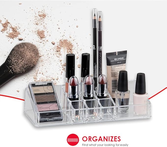 Home Basics Multi-Functional Plastic 11 Compartment Makeup Organizer Nail Polish, Lipstick, Eyeliner, Foundation, Blush, for Vanities, Counter-top, Dressers, Clear