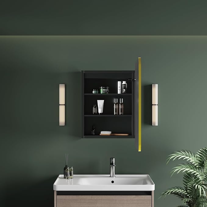 Medicine Cabinet with LED Lights and Mirror, 20W x 28H Inch Wall or Recessed Mounted Bathroom Cabinet with Right Hinge, Storage Shelf, Defogger, Memory Function, 3-Color Mode, Dimmer, Gold