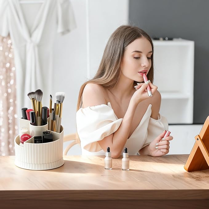 360?? Rotating Makeup Brush Holder Organizer, 5 Slot Make up Brushes Cup for Cosmetics, Nail Polish, Art Supply, Skincare, Perfume, Bathroom Vanity Desktop Organizer - Creamy white