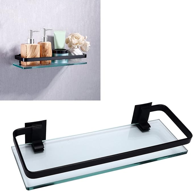 Bathroom Shelf | Robust Tempered Glass Storage Rack for Bathroom/Kitchen/Living Room | Large Capacity, Easy Installation, Black