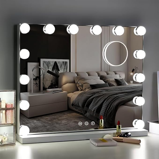 Kottova 23"x18.1" Vanity Mirror with Lights, Lighted Makeup Mirror with 15 Dimmable LED Bulbs, Hollywood Mirror with 3 Color Lightings, USB Charging Port Touch Control, Metal Frame,Plug in (White)
