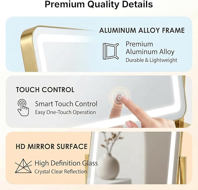 Vanity Mirror with Lights, 17''x22'' Lighted Makeup Mirror, LED Makeup Mirror, Dimmable, Smart Touch with 3-Color Lighting Modes, for Bedroom Tabletop - Gold