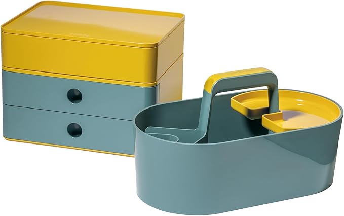 HAN Toolbox Loft Plastic Basket with Handle, 4 Compartments Desk Basket, Cleaning Basket, Craft Basket, Storage for Utensils, Blue, 1200-44