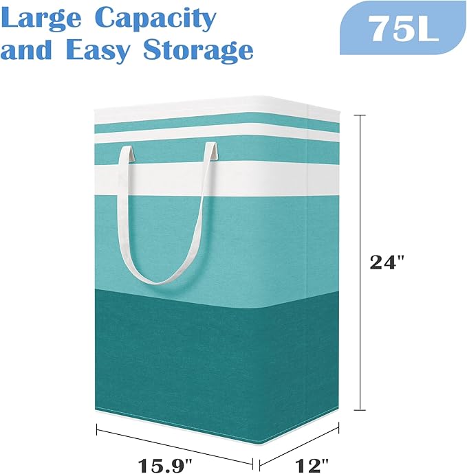 BlissTotes 3-Pack Laundry Basket, Freestanding＆Waterproof Laundry Hamper, Collapsible Tall Clothes Hamper with Easy Carry Handles for Clothes, Towels in the Family and Dorm,Gradient Green,75L