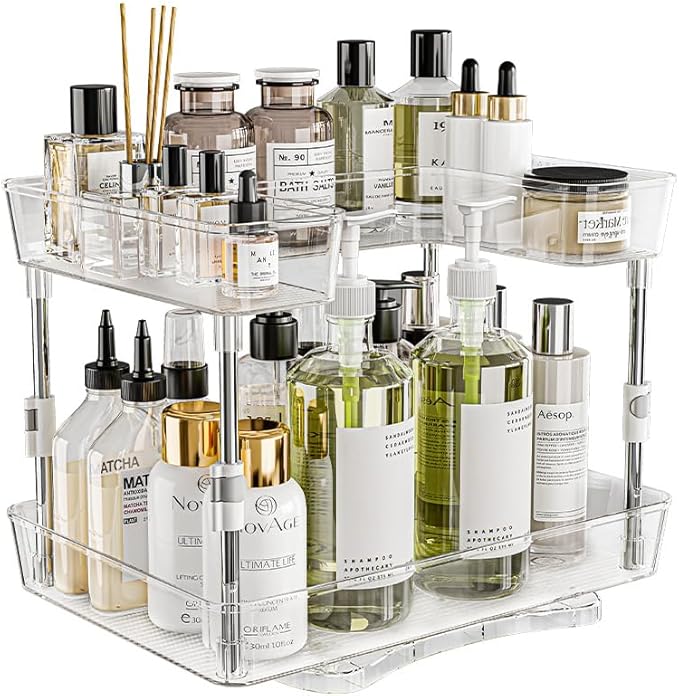 Acrylic Makeup Organizer, 2-Tier Large Capacity Cosmetic Storage Rack with Clear Shelves, Perfume and Skincare Organizer for Bathroom Countertop, Vanity and Dressing Table