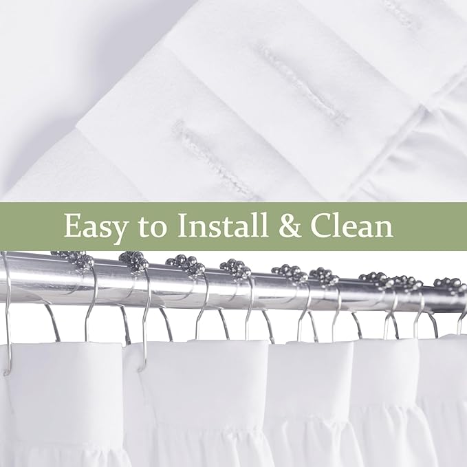 Farmhouse Ruffle Shower Curtain with Handmade Ruched, Vintage Ruffled Fabric Bathroom Curtains, Decorative Elegant Bathroom Curtain with 12 Holes, White, 72" W x 72" H(N60049)