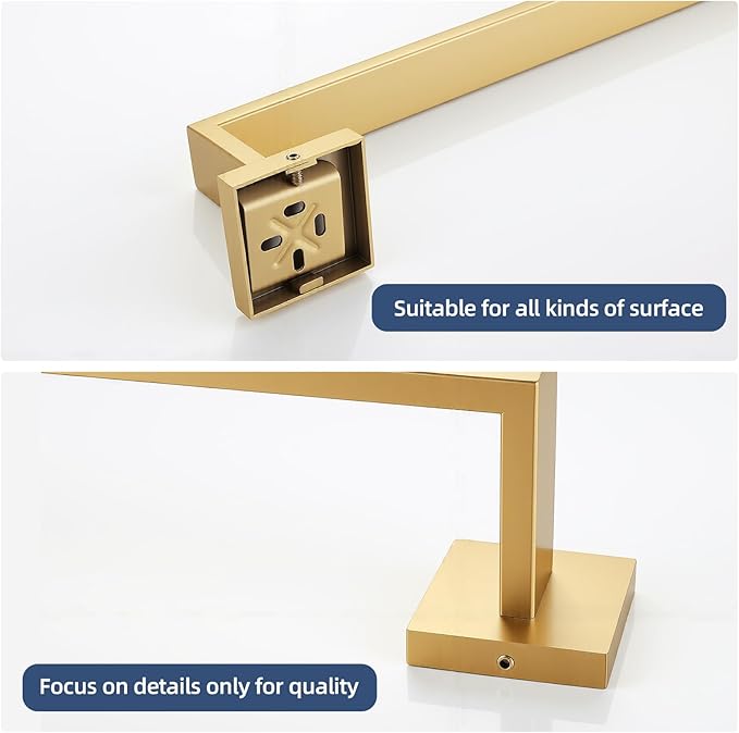 23.6 Inch Brushed Gold Bathroom Towel Bar Set, 2-Piece Square Wall Mounted Towel Rack, Wall Mounted 304 Stainless Steel Towel Holder for Bathroom