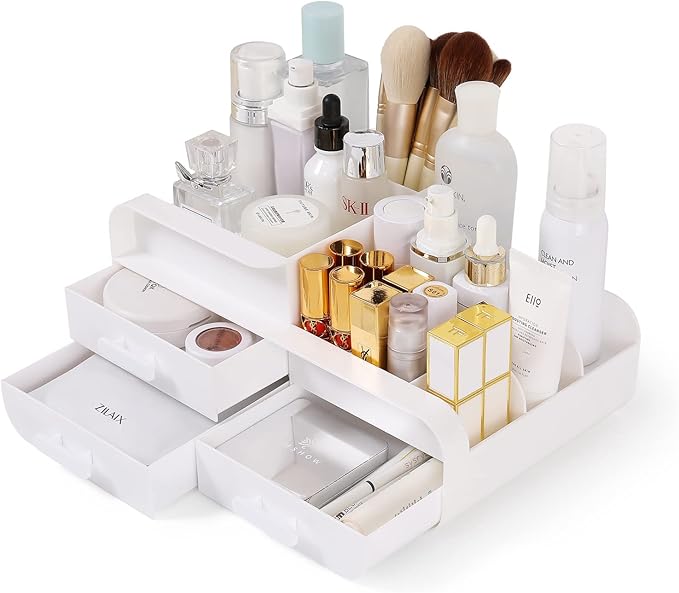 Makeup Desk Organizer With Drawers, Multifunction Desk Skincare Organizer for Dressing Table, Vanity Countertop, Bathroom Counter, Lotions, Lipstick and Nail Polish (White)