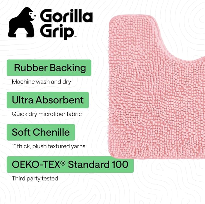 GORILLA GRIP Plush Absorbent Shaggy Chenille Bath Rug Mat for Oval Toilet Base with Rubber Backing, Machine Washable Rugs, Soft Microfiber Contour Mats for Toilets, Bathroom Decor, Lt Pink