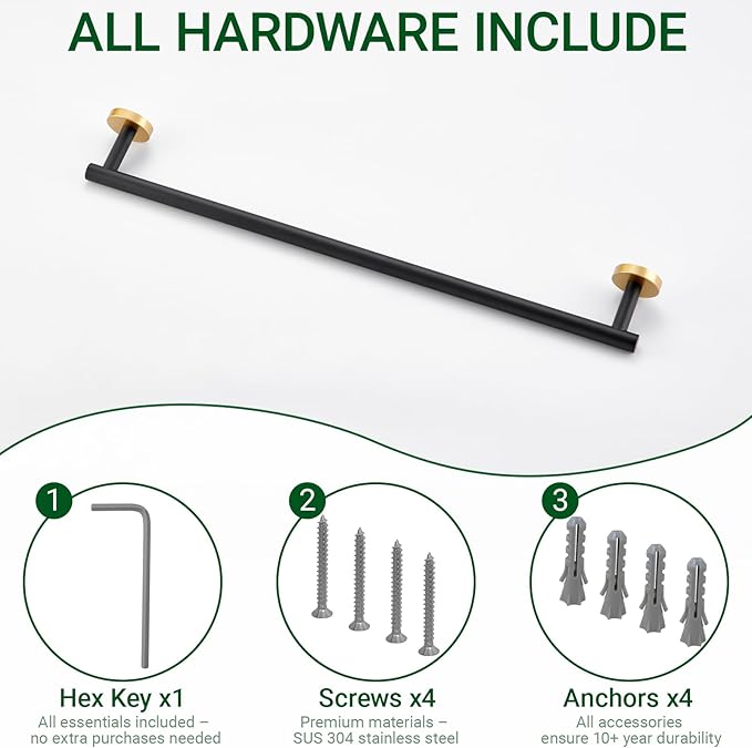 Miyili 23.6-inch Stainless Steel Towel Bar for Bathroom Bath Towel Rack Hanger for Kitchen Wall Mount Black & Gold, A01BG60A