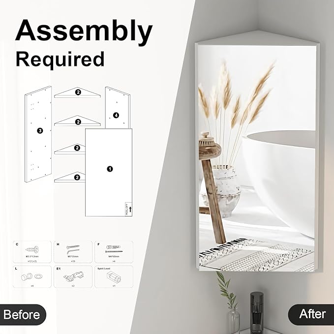 Corner Medicine Cabinet with Mirror,Bathroom Small Corner Medicine Cabinet, Wall Mount Bathroom Storage Cabinet,Opens Left & Right,Triple Shelf,12.6" W x 7.3" D x 23.6" H