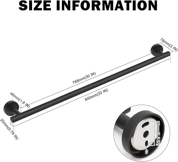 Livabber Bath Towel Bar, 304 Stainless Steel Towel Rack, Heavy Duty Towel Holder Wall Mounted for Bathroom/Kitchen, Usable Hanging Length-30 Inch, Total Length-33 Inch (Black)