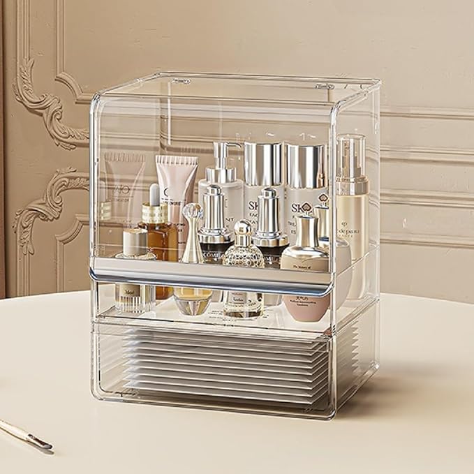 Makeup Organizer with Lid Drawers Translucent Skincare Holder Large Capacity Cosmetics Countertop Storage Box for Vanity Easy Visibility Dustproof (Silver Clear,Large Organizer)