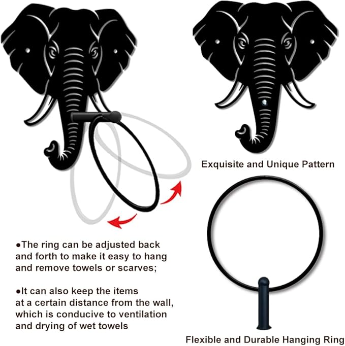 MAYJOYDIY Elephant Metal Towel Ring Round Animal Hand Towel Holder Ring Hanger Wall Mount Black Vintage Towels Wall Organizer for Kitchen Bath Home Laundry Room Decors Gifts