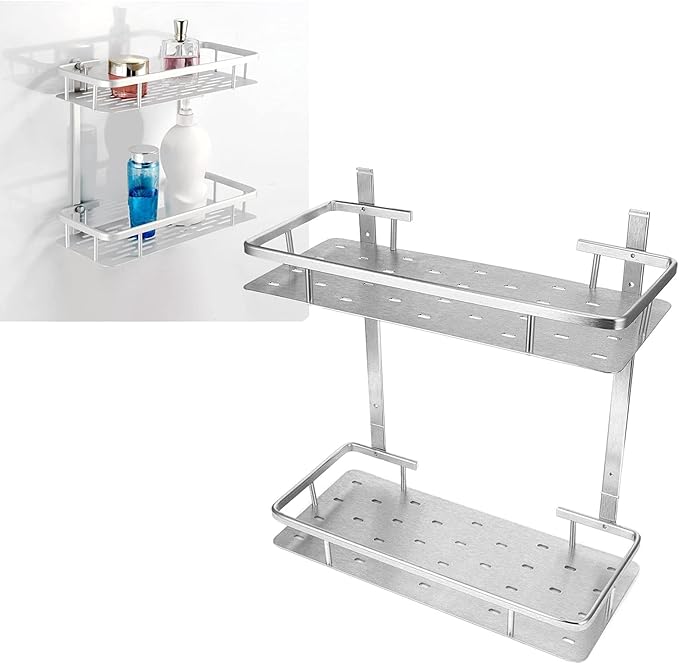 Bathroom Shelves, Space Aluminum 2 Tier Wall Mounted Rustproof Shelves, Floating with Drainage Holes for Easy Installation in Bathroom, Kitchen, and Bedroom