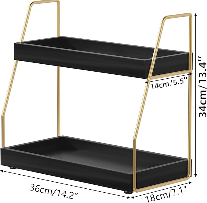 Bathroom Organizer Countertop, 2 Tier Small Counter Top Organizer for Bathroom, Decor, Modern Kitchen Counter Shelves for spice, Makeup Storage (gold&black,2 Tiers)