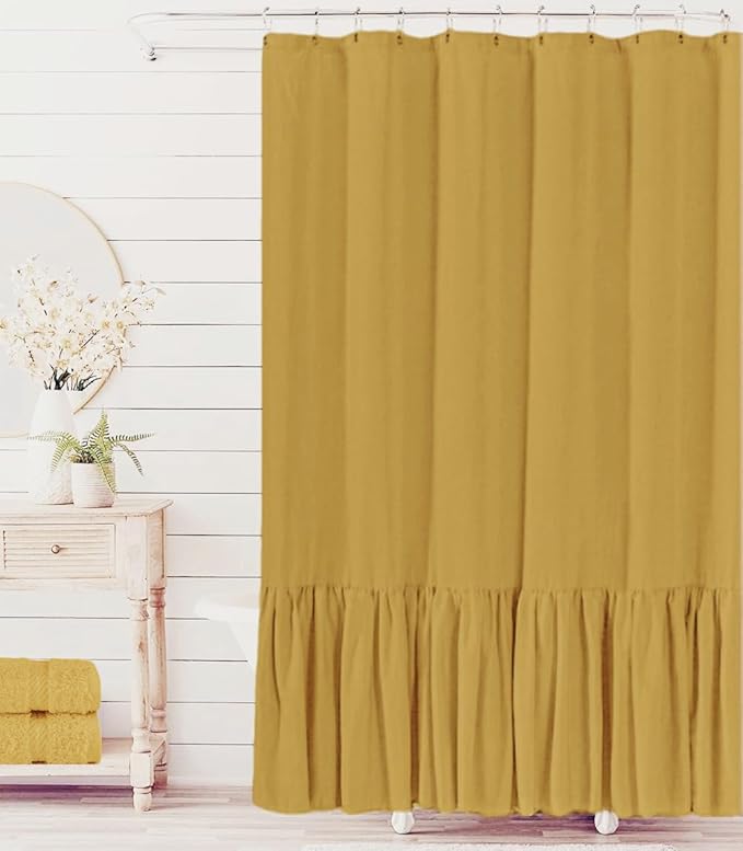 Felisa Mustard Farmhouse Shower Curtain with A Ruffle Hem, Linen Blend Shower Curtain for Bathroom,72"x72"