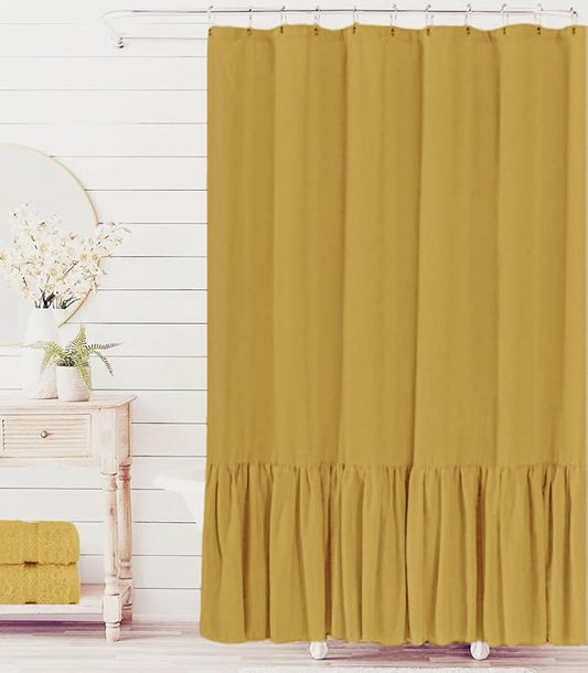 Felisa Mustard Farmhouse Shower Curtain with A Ruffle Hem, Linen Blend Shower Curtain for Bathroom,72"x72"