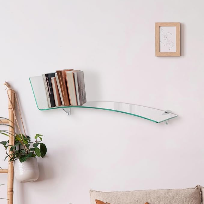 Bent Chase Shelf, 31.5” L x 8” W Inch - 3/8 Inch Thick Clear Tempered Glass Shelve with Flat Polished Edge-Comes with 2 Free Chrome Brackets and Screws for Living Room, Bedroom and Wall Decoration