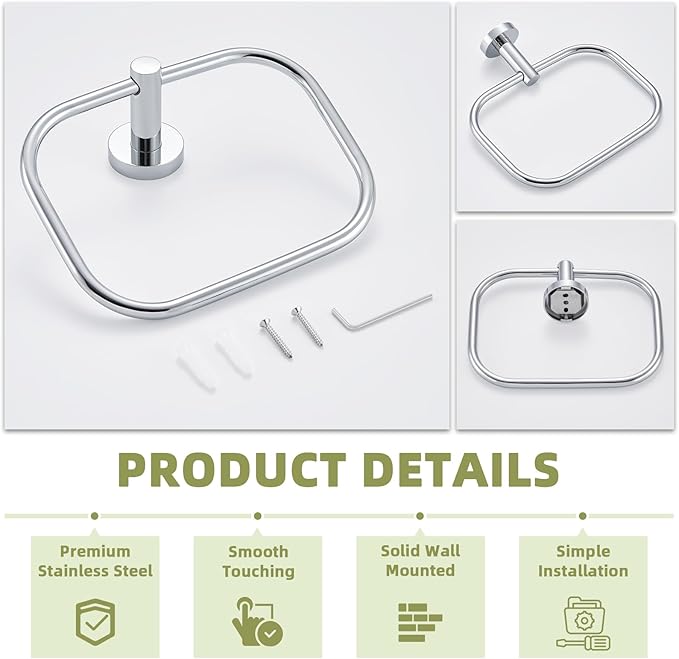 APLusee Chrome Bath Towel Ring, Stainless Steel Hand Towel Holder, Wall Mount