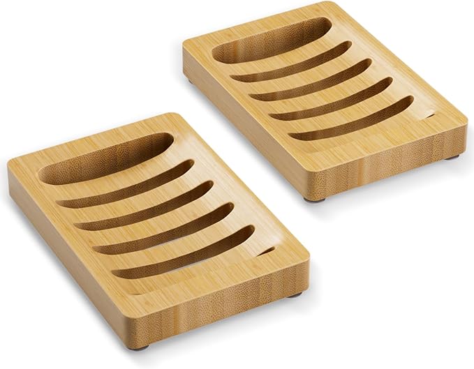 AmazerBath Soap Holder, Bamboo Soap Dish, Wooden Soap Holder Soap Dish, 2 Pack Bamboo Soap Holder, Soap Dishes for Bar Soap, Wooden Soap Tray, Kitchen Soap Tray Self Draining (Wooden Color)