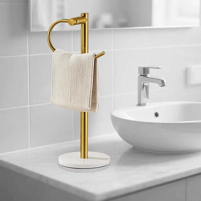 Standing Towel Bar Holder - Free Standing Bathroom Towel Rack Towel Holder with Engineered Stone Base - Countertop Vanity Towel Stand for Hand/Kitchen Towels (Brushed Gold)