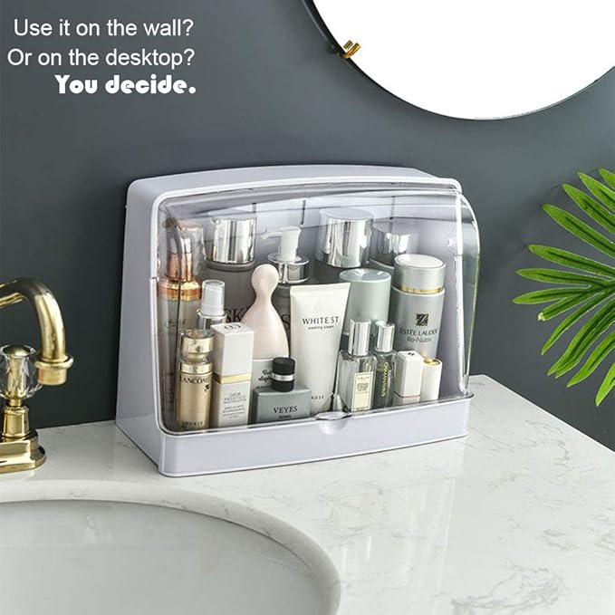 Cosmetic Organizer for Bathroom, No Drilling Wall Mount Makeup Organizer Dustproof & Waterproof Cosmetics Display Cases,Makeup Storage Box,Perfume rack,Kitchen Spice Rack, Clear-Gray White