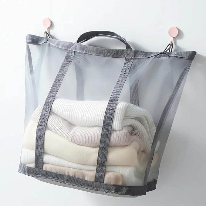 Wall-Mounted Foldable Laundry Basket, 41L Collapsible Mesh Hamper, Hanging Storage Bag for Bathroom, Dorm, Travel, Beach, Camping, Reinforced Handles, Grey