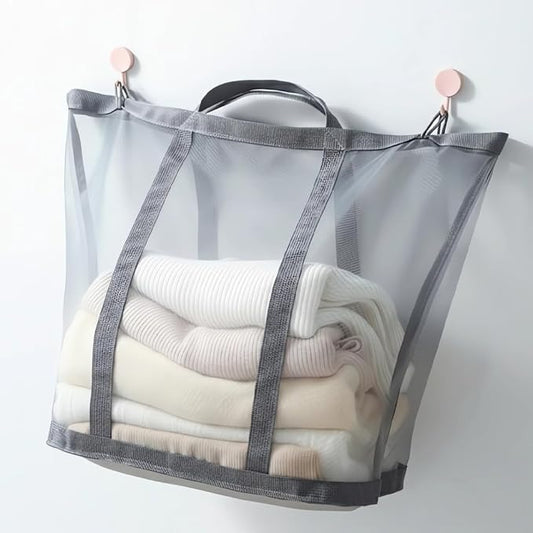 Wall-Mounted Foldable Laundry Basket, 41L Collapsible Mesh Hamper, Hanging Storage Bag for Bathroom, Dorm, Travel, Beach, Camping, Reinforced Handles, Grey