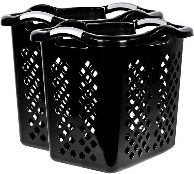 2-Pack 2 Bushel Plastic Laundry Basket with Silver Handles, Space-Saving Dirty Clothes Organizer for Home Apartment Dorm (Black)