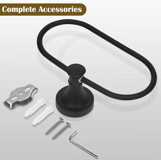 Black Bathroom Hand Towel Holder, Matte Black Towel Ring Holder, Wall Mounted Oval Towel Rack Hanger Home Half Round Bathroom Hardware Accessory Modern