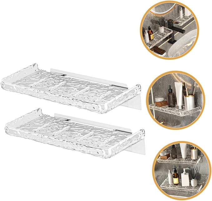 2pcs Floating Wall Shelf Bathroom Storage Rack Transparent Wave Pattern No-Drill Mount Organizer for Toothbrushes Cups Toothpaste Kitchen Bedroom
