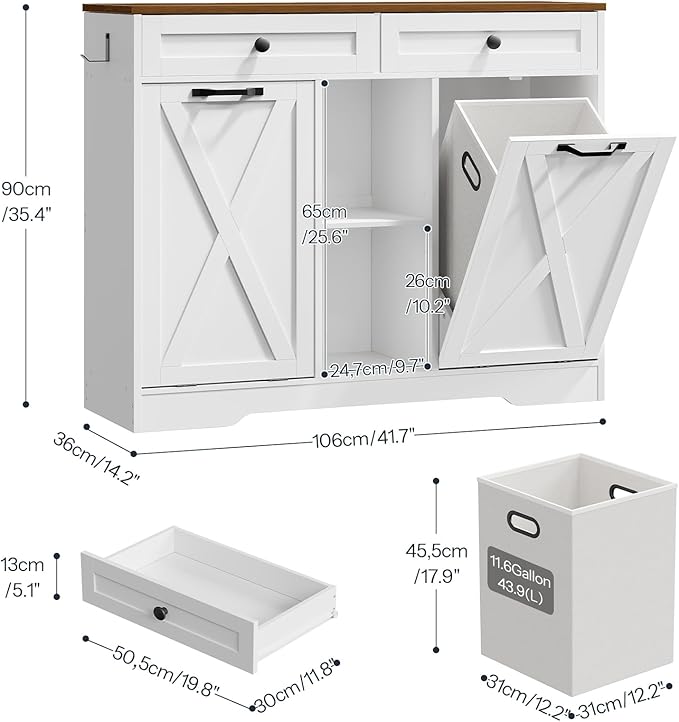 HOOBRO Double Tilt Out Laundry Hamper Cabinet, 23 Gallon Farmhouse Trash Can Cabinet with 2 Drawers and Open Shelving, Wooden Hidden Laundry Hamper, for Bathroom, Kitchen, White and Walnut WH11XY01