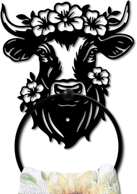 MAYJOYDIY Bull Head Flower Metal Towel Ring Cow Flower Towel Holder Animal Plants Wall Decor Towel Hanger Black Art Towel Rack Wall Mounted for Bathroom Kitchen Home Decors Gift