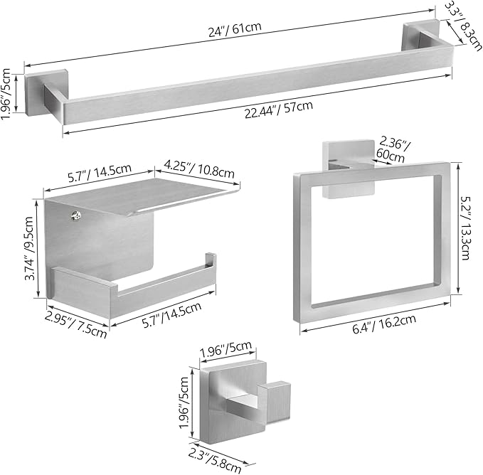 STWWO 20-Pieces Brushed Nickel Bathroom Hardware Set, 24 Inch Bath Towel Bar Set, Stainless Steel Towel Racks for Bathroom Wall Mounted