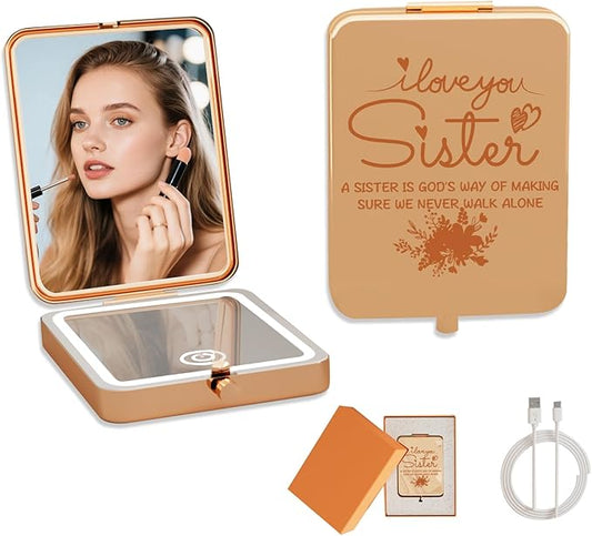 Sister Gifts Compact Mirror with Light, 3x magnification Personalized Custom Travel Mirror for Birthday, Christmas Secret Santa & Stocking Stuffers, Wedding, Gift for Women Girls Sisters for Women BFF
